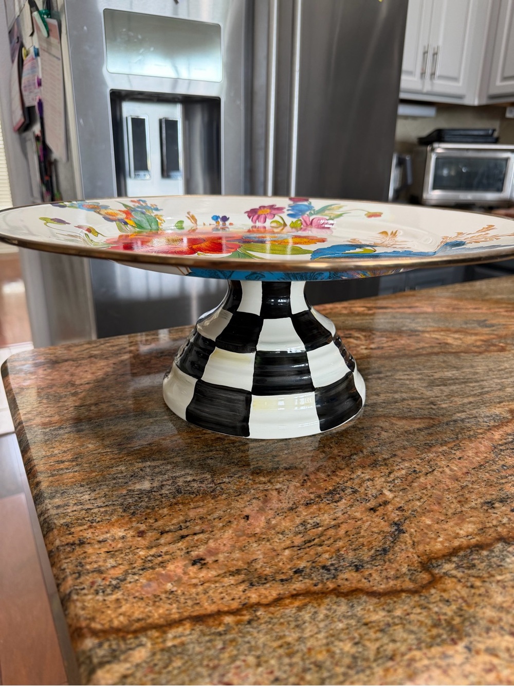 Floral Pedestal Cake Stand with Black & White Check Base